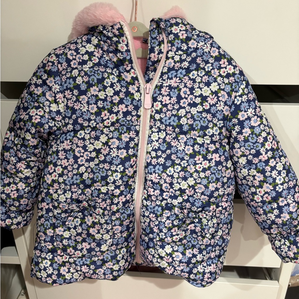 Kensie Girl Blue and Pink Floral Puffer Jacket